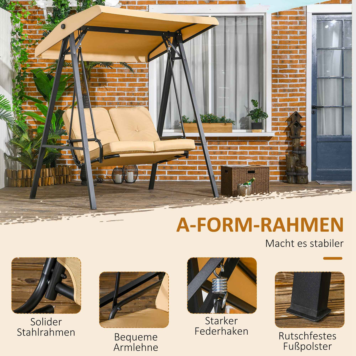 Outsunny Hollywoodschaukel, 2-Sitzer Gartenschaukel mit verstellbarem Dach, bis 220 kg belastbar, 138 x 106 x 174 cm, Beige