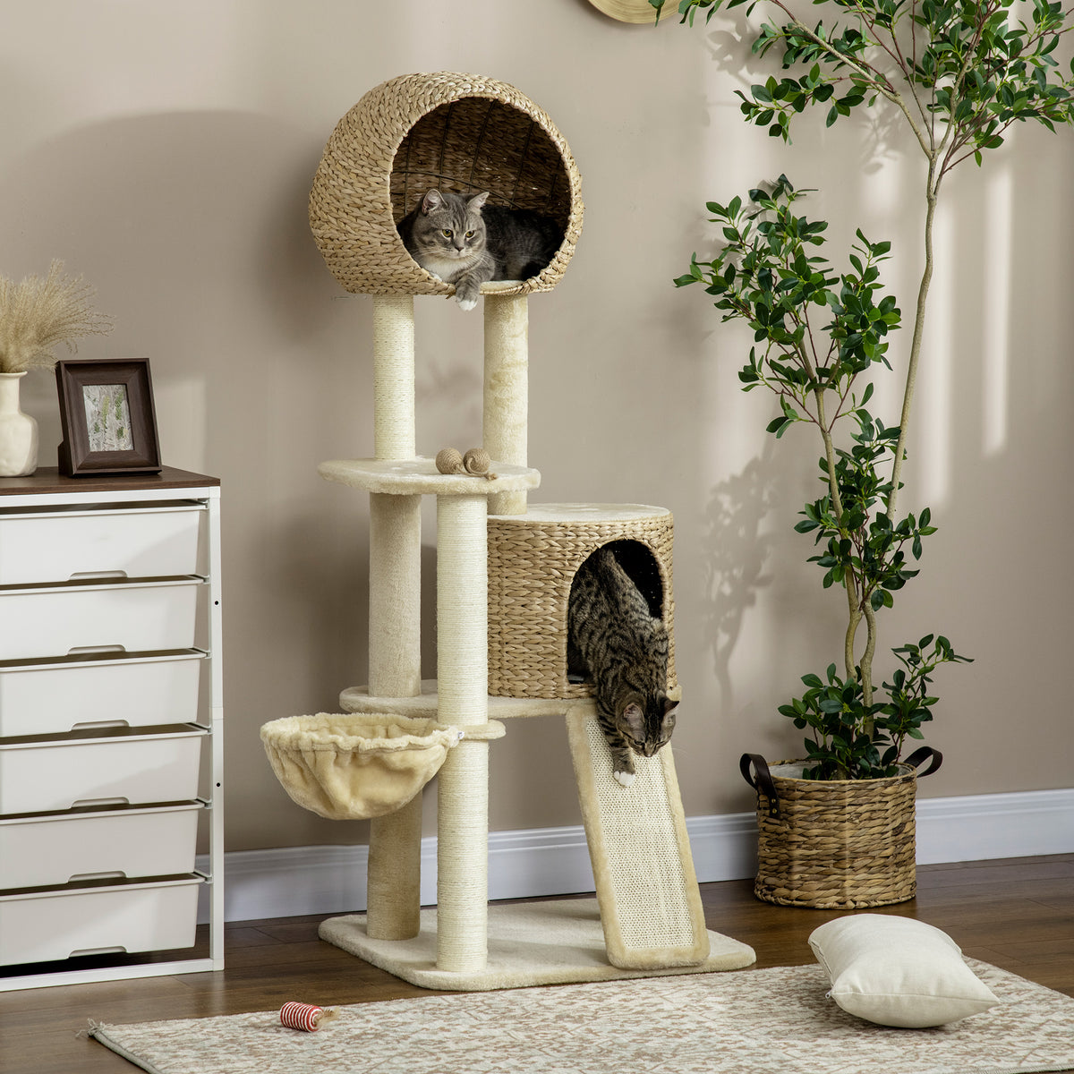 PawHut Kratzbaum, mit Katzenhaus, mehrere Plattformen, Hängematte, Kratzmatte, Kippschutz, beige, 60 x 60 x 150cm
