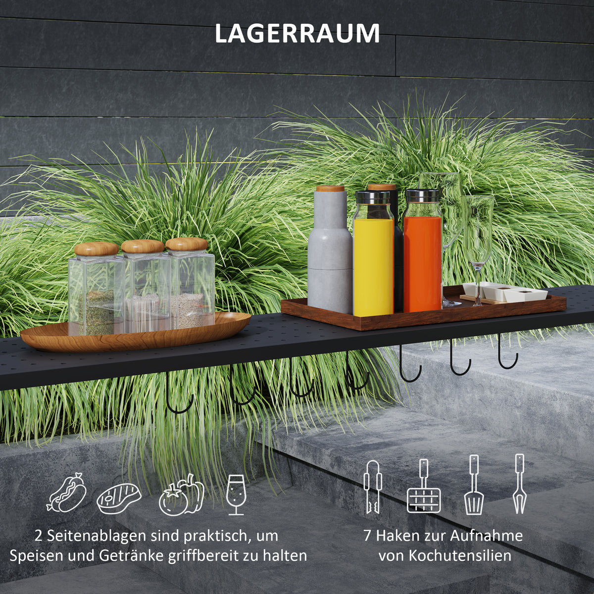 Outsunny Grillpavillon, 2 Seitenablagen, Haken, Stahlrahmen, 1,1 x 2,3m, Dunkelgrau