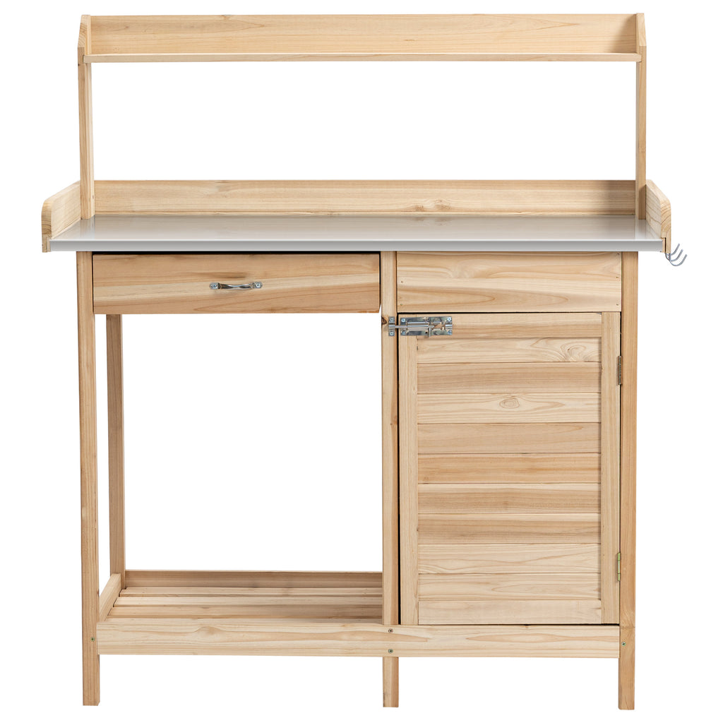 Outsunny Pflanztisch mit verzinkter Arbeitsplatte Gärtnertisch mit Schublade Schrank Garten Arbeitstisch Massivholz Natur 112 x 48 x 125 cm