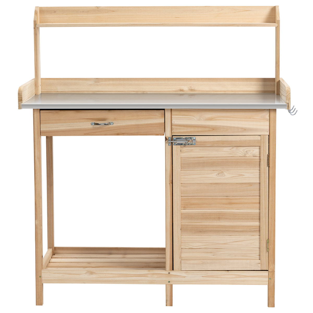 Outsunny Pflanztisch mit verzinkter Arbeitsplatte Gärtnertisch mit Schublade Schrank Garten Arbeitstisch Massivholz Natur 112 x 48 x 125 cm