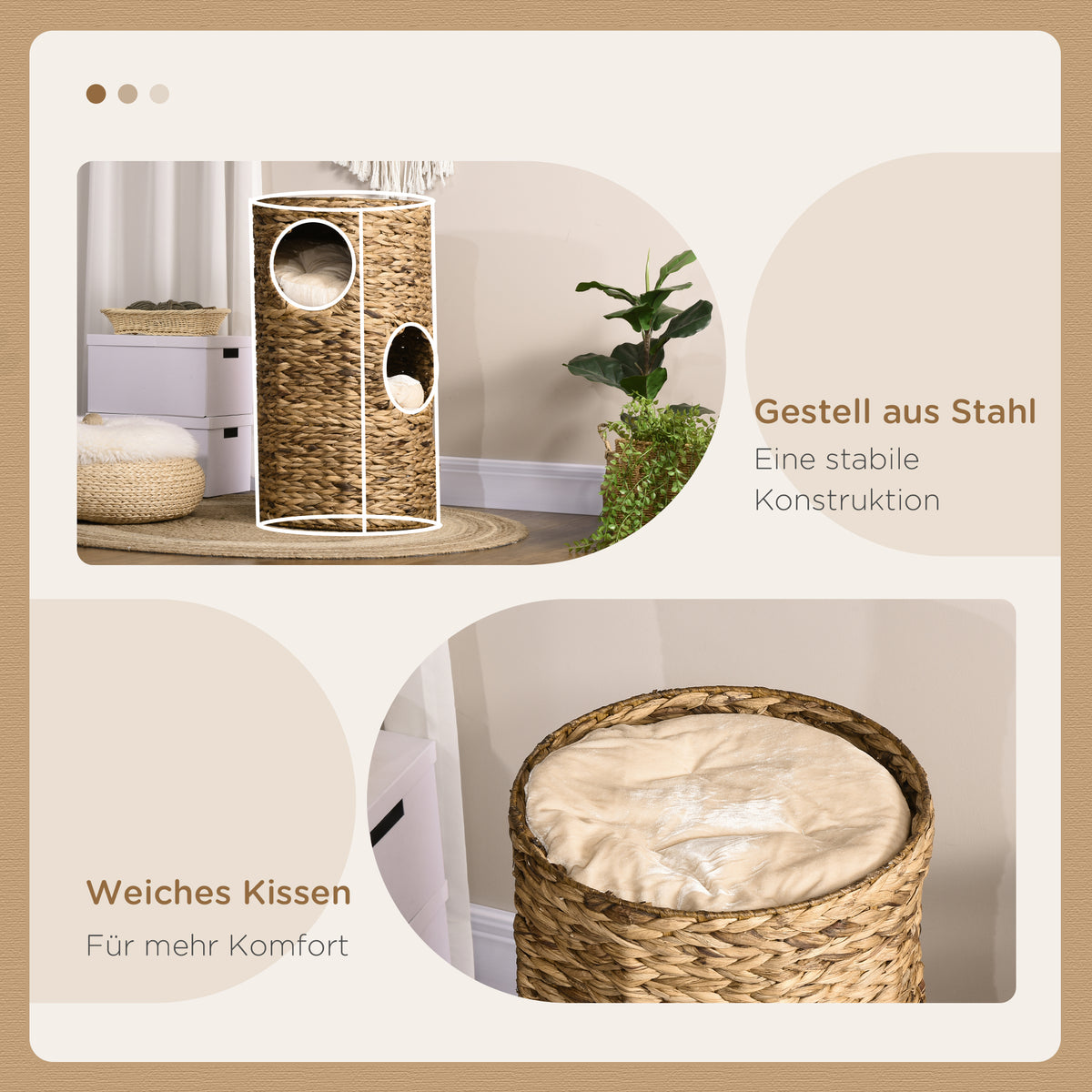 PawHut Katzenhöhle mit 3 Ebenen, 3 Eingänge, Boho-Design, inkl. Kissen, 40 cm x 40 cm x 73 cm, Hellbraun + Cremeweiß
