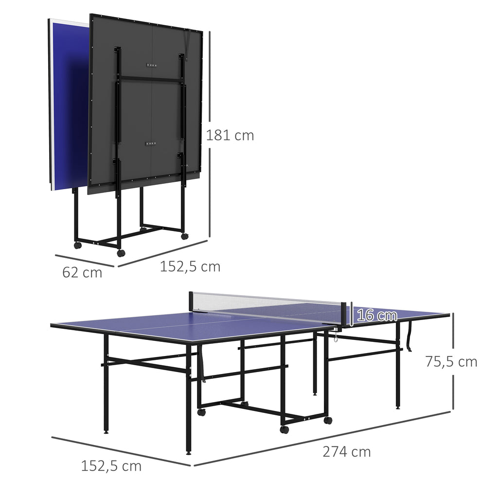 SPORTNOW Tischtennisplatte, klappbar, mobil, 2 Schläger, 3 Bälle, Metallrahmen, 274x152,5x76 cm, Blau