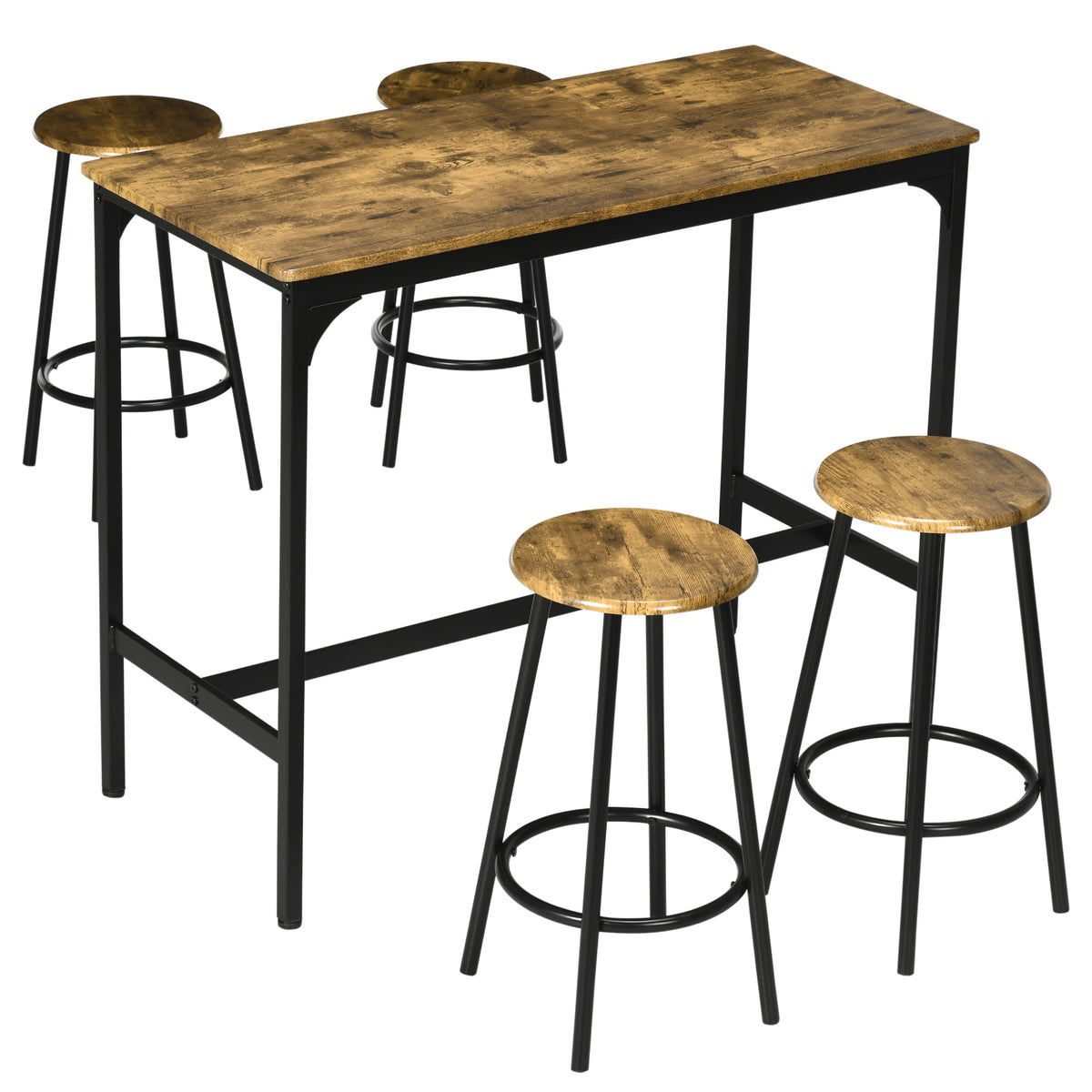HOMCOM 5-tlg. Bartisch-Set im Industriedesign, 1 Bartisch, 4 Barhocker, Sitzgruppe, Küchentresen, Schwarz + Braun