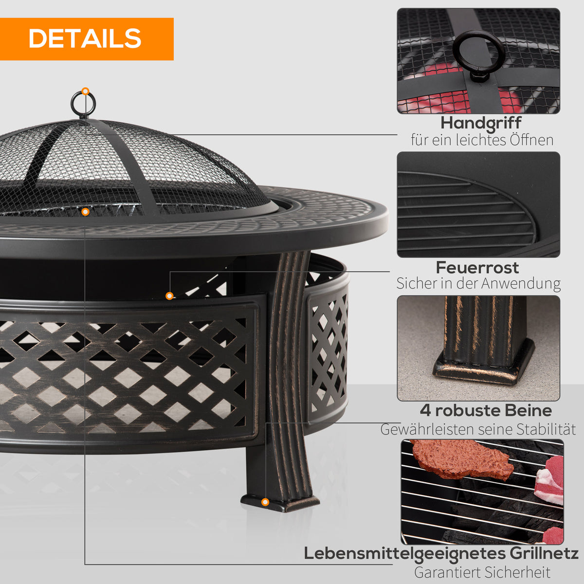 Outsunny Feuerschale mit Schürhaken Funkenschutz Feuerkorb Feuertisch rund Feuerstelle für Garten Camping BBQ Stahl Schwarz 81 x 81 x 50 cm