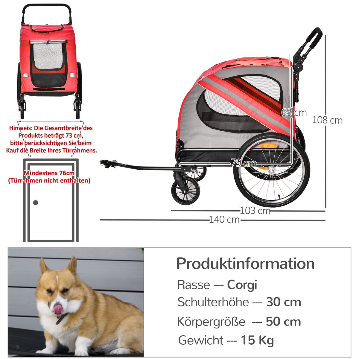 PawHut 2-in-1 Hundeanhänger Hundebuggy bis 20kg Sicherheitsleine Reflektoren Flagge Zustange 140 cm x 72, 5 cm x 108 cm Rot