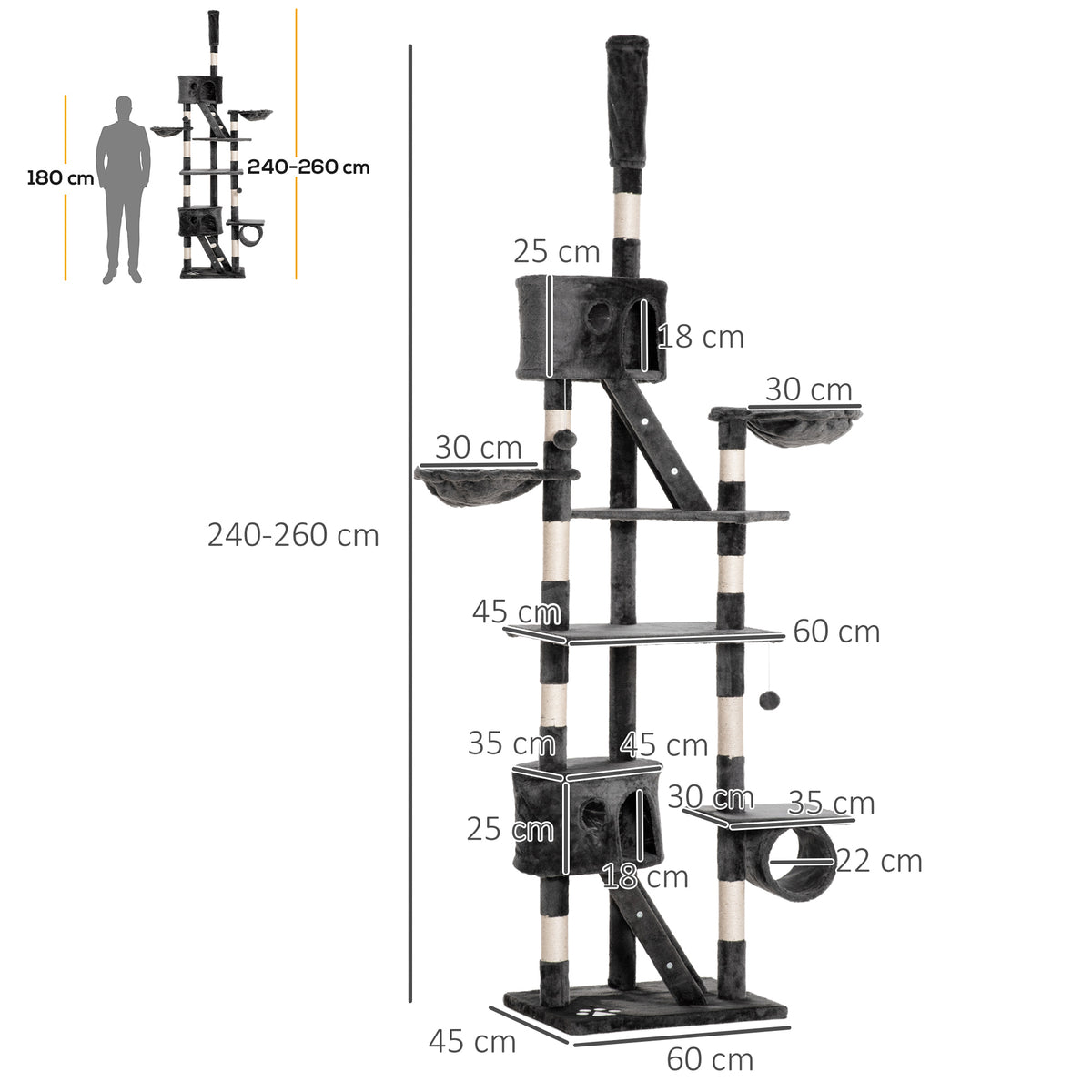 PawHut Katzenkratzbaum 240-260 cm Deckenhoch Kratzbaum groß Kletterbaum Katze Kratzbaum für große Katzen mit Sisalseil Dunkelgrau