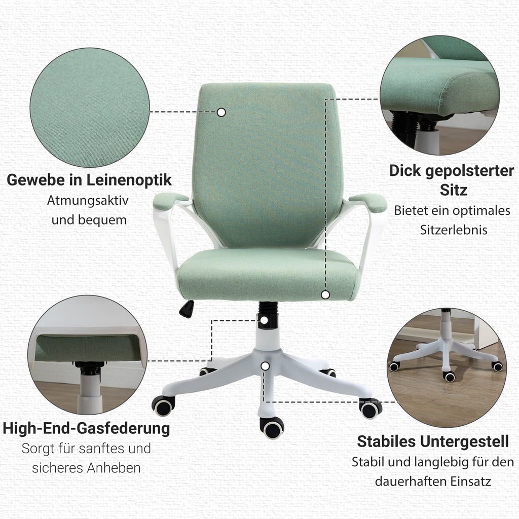 Vinsetto Bürostuhl Schreibtischstuhl Home-Office-Stuhl mit Wippenfunktion Rückenlehne höhenverstellbarer dick gepolstert ergonomisch 360°-Drehräder Polyester Nylon PP Grün+Weiß 62x69x92-100 cm