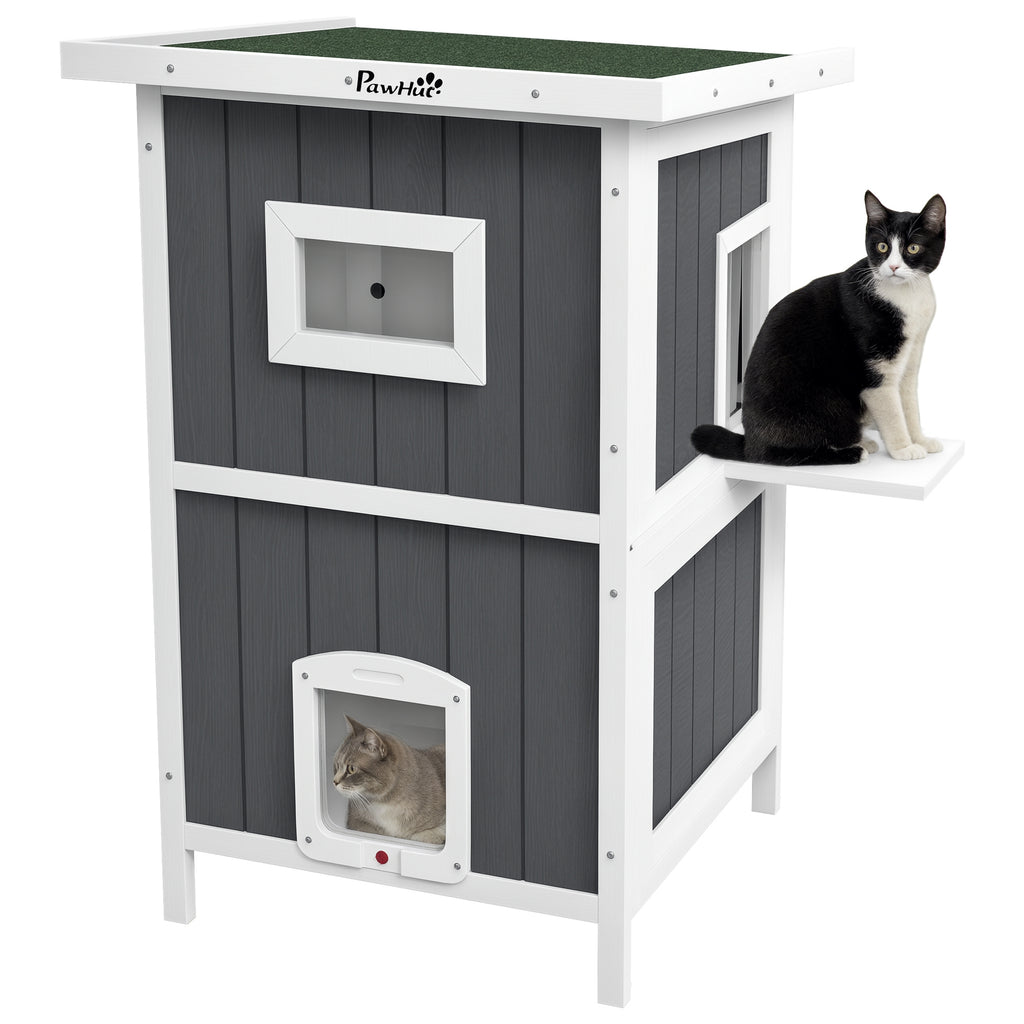PawHut Katzenhaus Katzenhütte Katzenhöhle, Outdoor, wetterbeständig, 60 x 60 x 90, 5 cm, Grau + Weiß