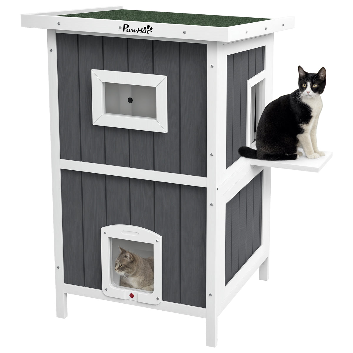 PawHut Katzenhaus Katzenhütte Katzenhöhle, Outdoor, wetterbeständig, 60 x 60 x 90, 5 cm, Grau + Weiß