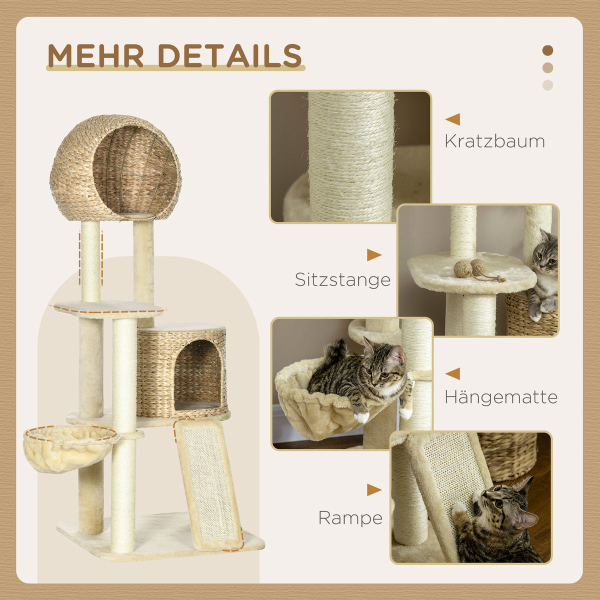PawHut Kratzbaum, mit Katzenhaus, mehrere Plattformen, Hängematte, Kratzmatte, Kippschutz, beige, 60 x 60 x 150cm