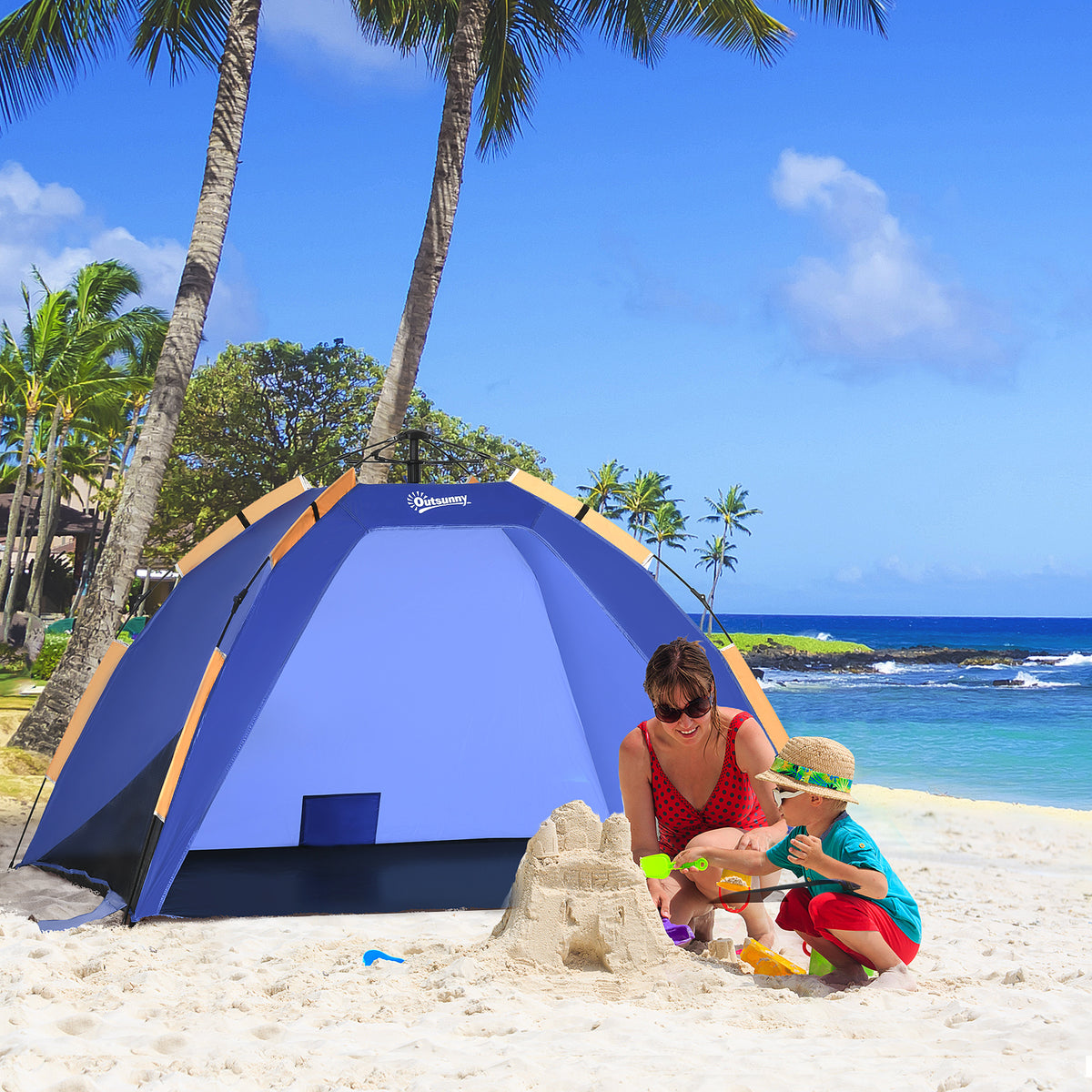 Outsunny Strandmuschel, Strandzelt, Pop up Campingzelt, Netzfenster, Tragetasche, 2-3 Personen, Fiberglas, 210 x 140 x 120 cm