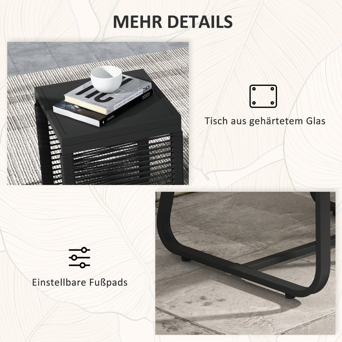 Outsunny 3-teiliges Bistro-Set Balkon-Set Terrassen-Set, wetterbeständig, modernes Design, 53 cm x 57 cm x 77 cm, Schwarz + Grau