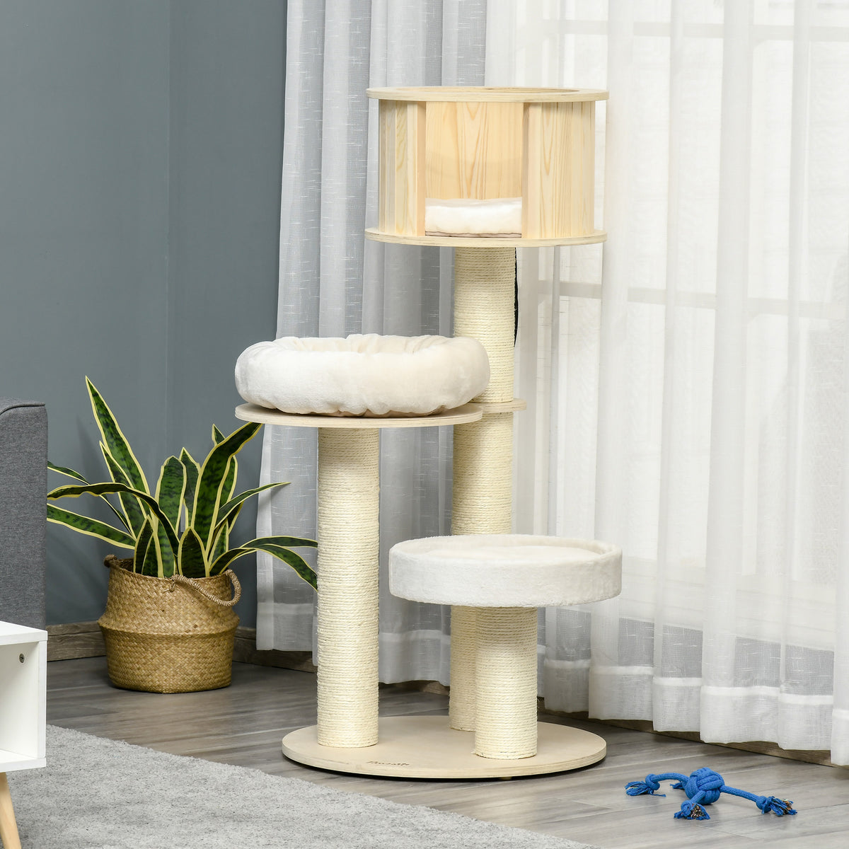 PawHut Kratzbaum Holz 122 cm hoch Katzenturm mit drei Ebenen, Sisalstämme, Plattform, mehrstöckiger Katzenkratzbaum, Kletterbaum für Katzen unter 4,5kg, Natur+Creme