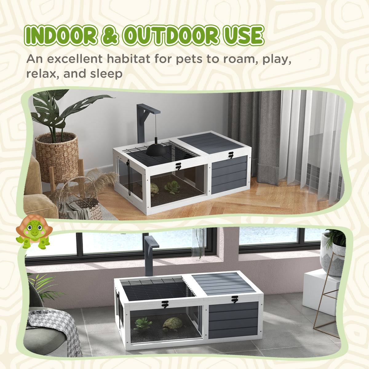 PawHut Haus Gehege Käfig für kleine Tier Schildkröte mit 2 Räumen Lampenhalter 81 x 48 x 31,5 cm grau