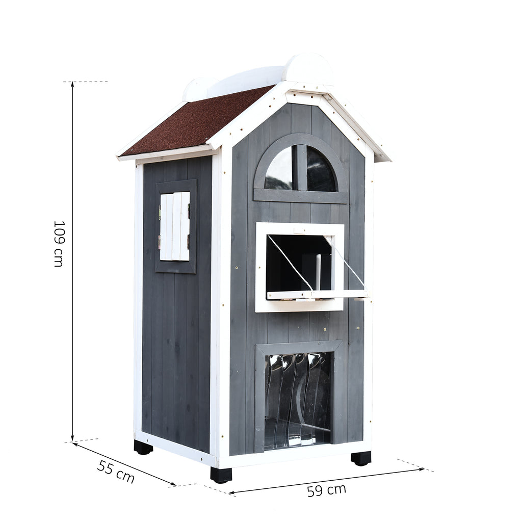 PawHut Katzenhaus für Katzenbett oder Katzentoilette, Katzenschrank, Katzenklo Indoor, Tannenholz, Asphaltdach, Grau, 59 x 55 x 109 cm