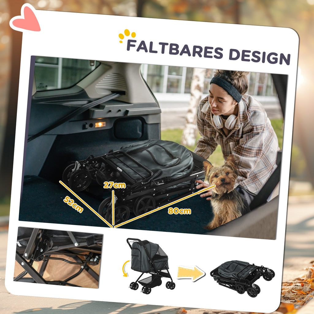 PawHut Hundebuggy Hundewagen bis 10 kg Klappbar Netzfenster Ablagekorb verstellbares Vordach Dunkelgrau 76,5 x 52 x 95 cm