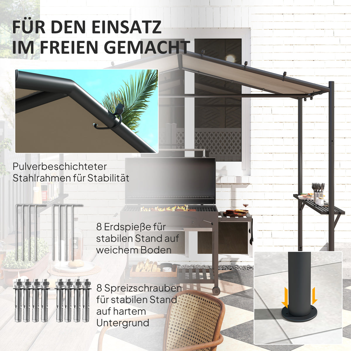 Outsunny Grillzelt Grilldach, wetterbeständig, inkl. Seitentaschen, 277 x 149 x 230 cm, Khaki