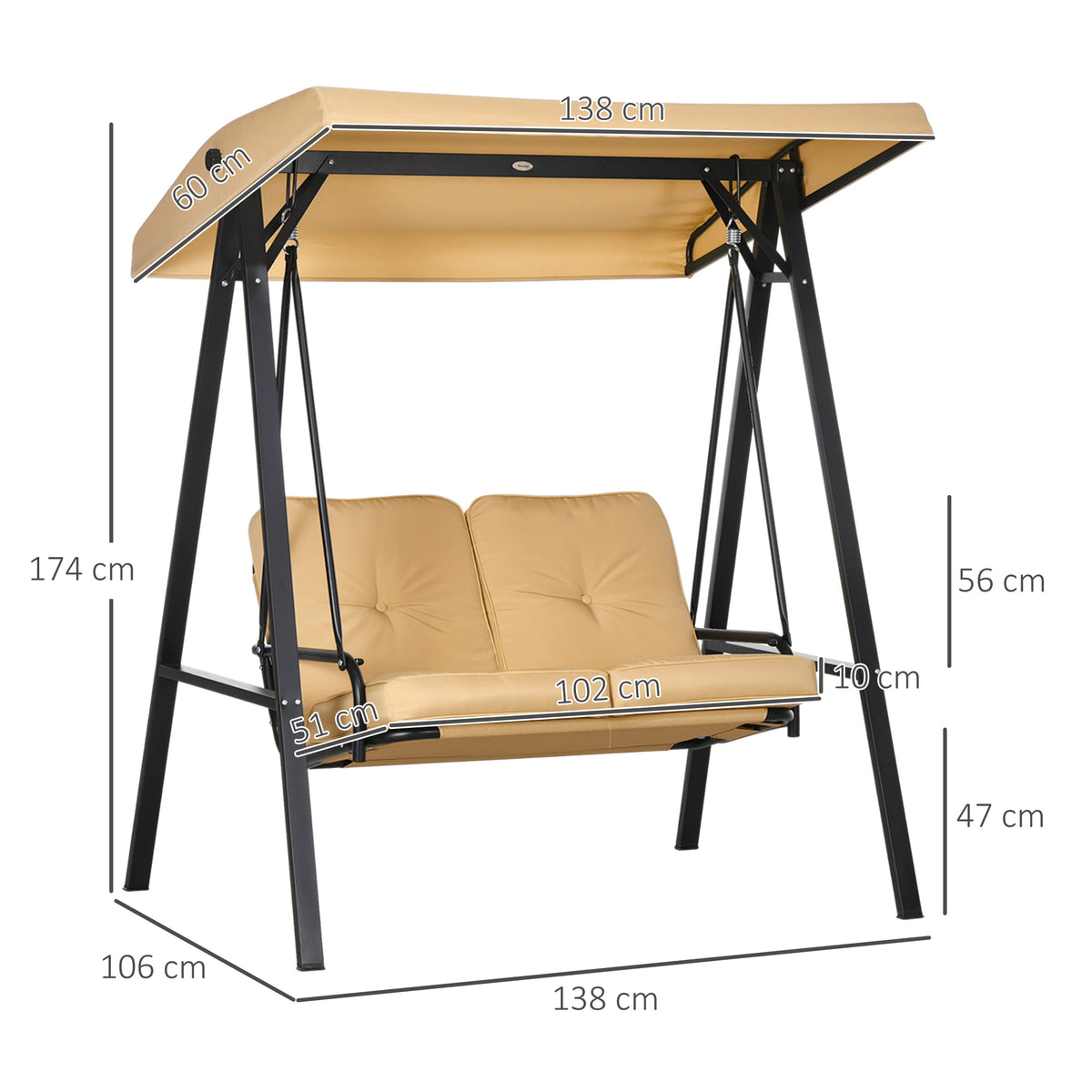 Outsunny Hollywoodschaukel, 2-Sitzer Gartenschaukel mit verstellbarem Dach, bis 220 kg belastbar, 138 x 106 x 174 cm, Beige