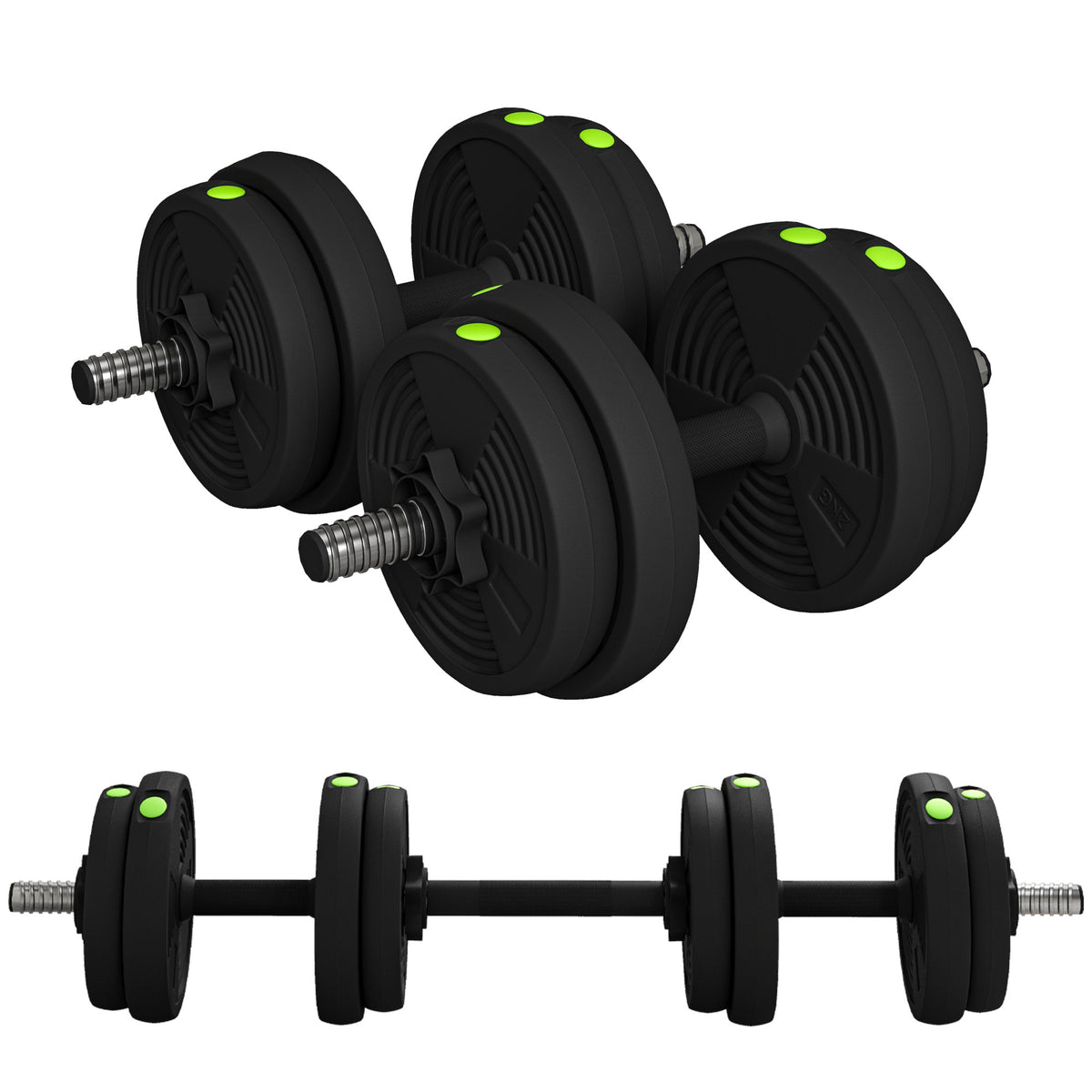 SPORTNOW 2-in-1 Hantel-Set, Lang- & Kurzhantel, 15 kg, rutschfest, bodenschonend, Schwarz/Grün