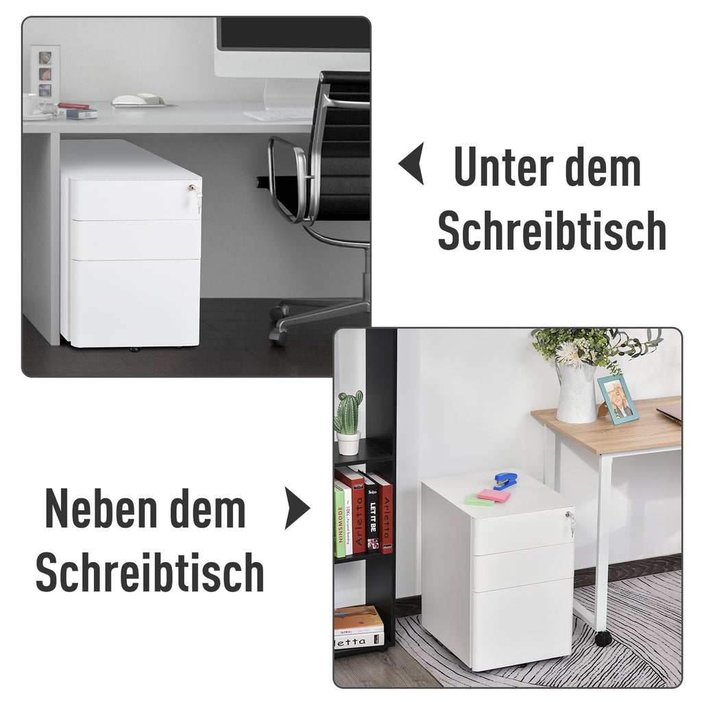 Vinsetto Rollcontainer, mobiler Aktenschrank mit 3 Schubladen, abschließbarer Büroschrank mit Hängeregistratur, Aufbewahrung, Stahl, 39 x 48 x 59 cm Weiß