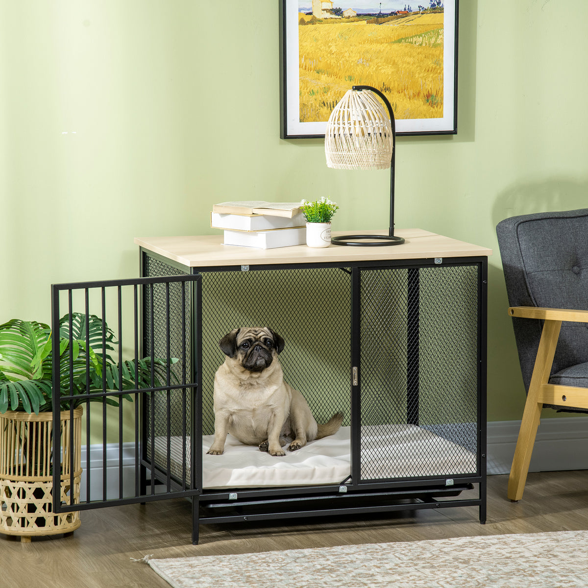 PawHut Hundekäfig, Hundebox, wasserabweisende Matte, herausnehmbare Bodenwanne, verriegelbar, Schwarz, 80 x 55 x 71 cm