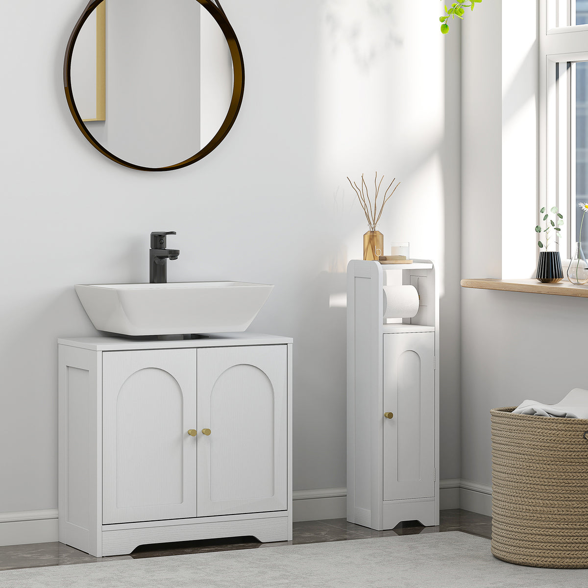 HOMCOM Waschtisch-Unterschrank Badezimmer mit Schrank mit Türen und höhenverstellbarem Regal, für Waschbecken mit oder ohne Sockel, weiß