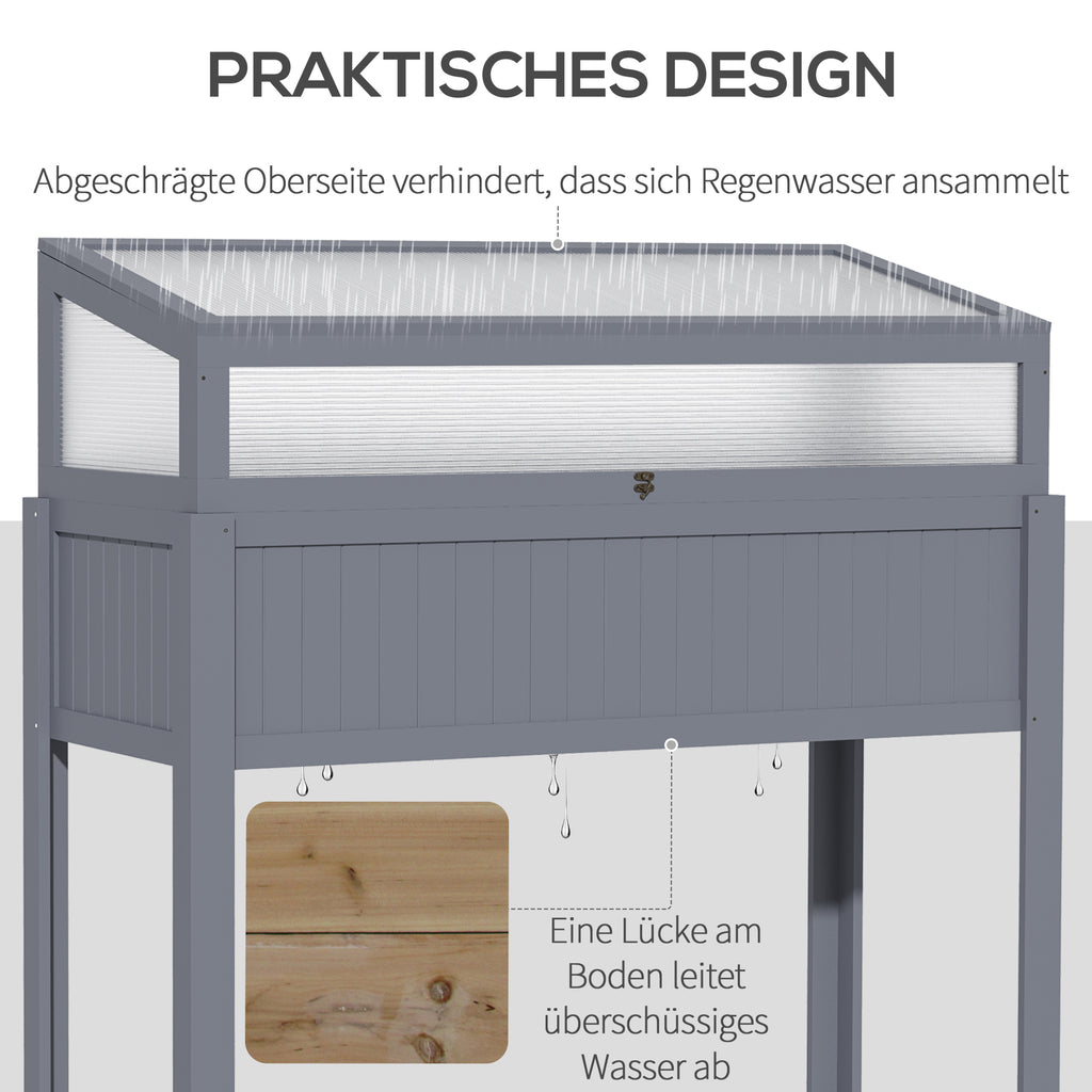 Outsunny Hochbeet Holz mit Frühbeet 2-in1 Gewächshaus Tomatenhaus Gemüsebeet Kräuterbeet Pflanzkasten für Garten Balkon und Terrasse Polycarbonat Grau 120 x 54 x 112/122 cm