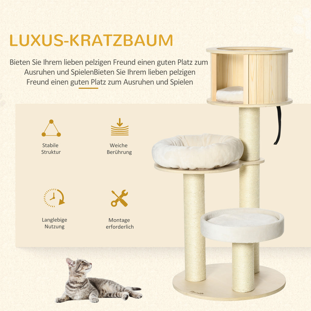 PawHut Kratzbaum Holz 122 cm hoch Katzenturm mit drei Ebenen, Sisalstämme, Plattform, mehrstöckiger Katzenkratzbaum, Kletterbaum für Katzen unter 4,5kg, Natur+Creme