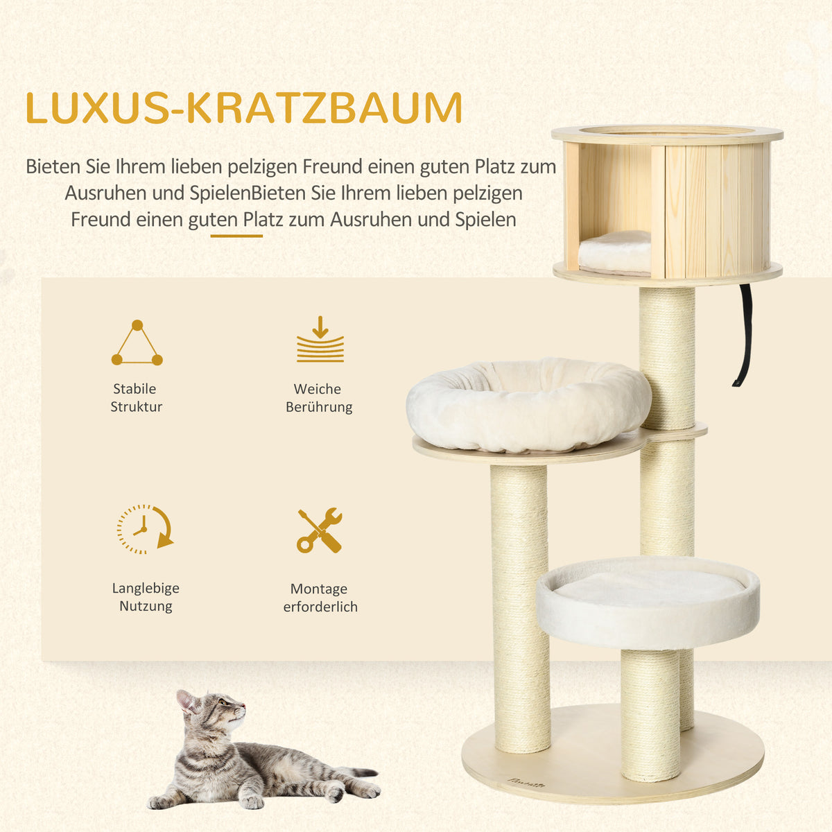 PawHut Kratzbaum Holz 122 cm hoch Katzenturm mit drei Ebenen, Sisalstämme, Plattform, mehrstöckiger Katzenkratzbaum, Kletterbaum für Katzen unter 4,5kg, Natur+Creme