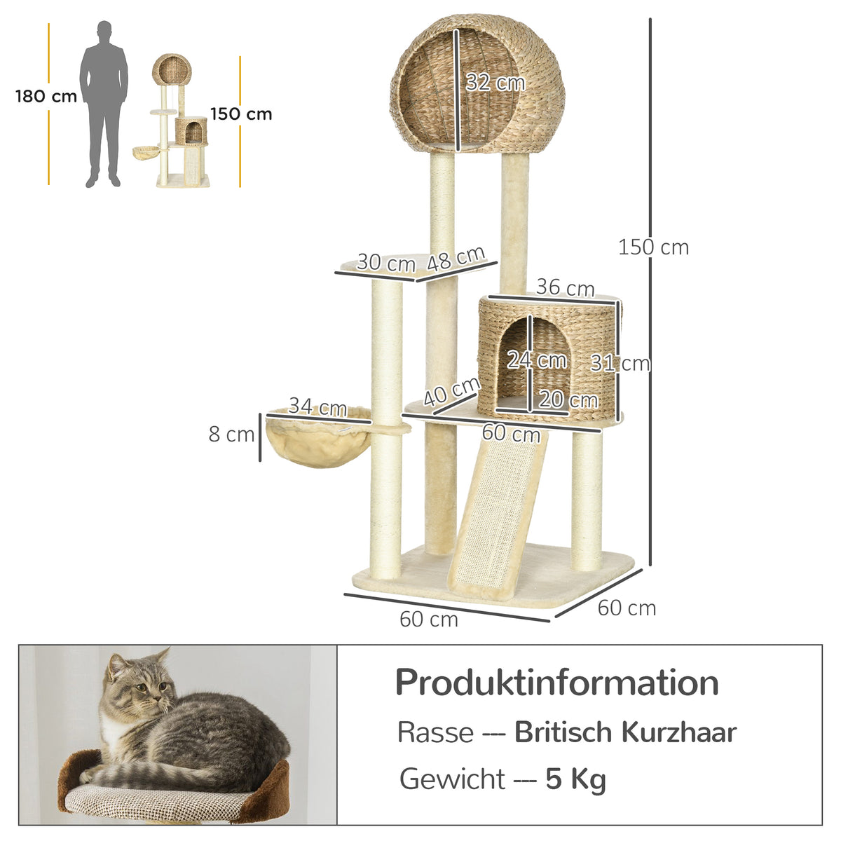 PawHut Kratzbaum, mit Katzenhaus, mehrere Plattformen, Hängematte, Kratzmatte, Kippschutz, beige, 60 x 60 x 150cm