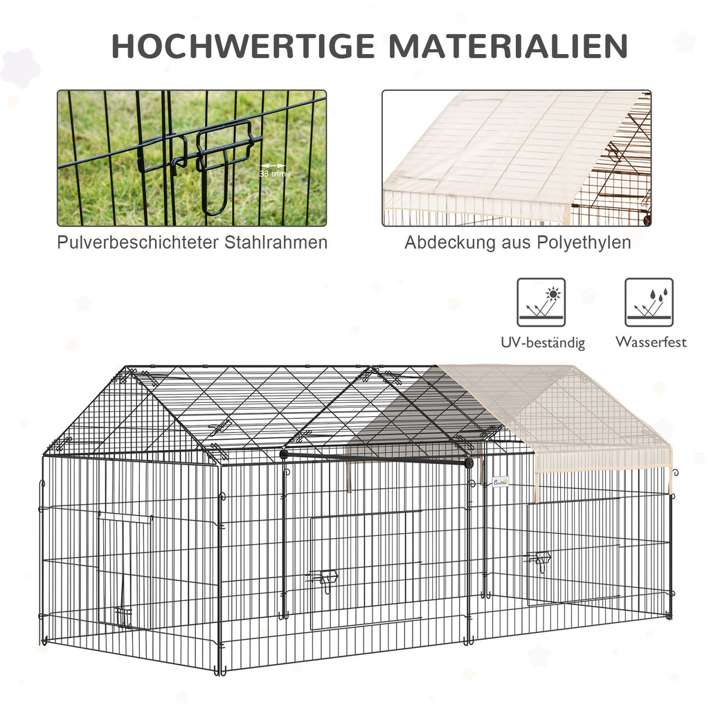 PawHut Laufgitter für Kleintiere, Außengehege, 4 Bodenspieße, 220 cm x 103 cm x 103 cm, Schwarz + Beige