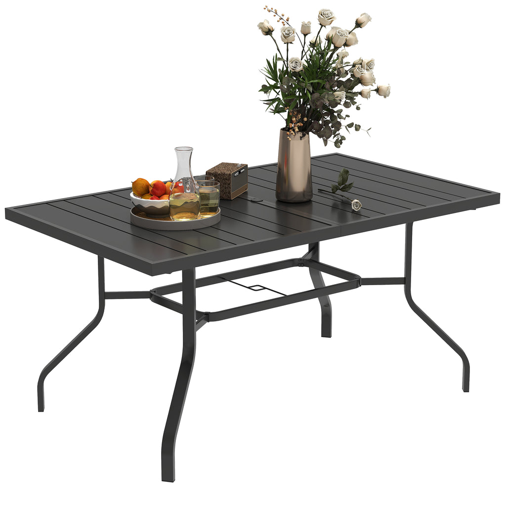 Outsunny Gartentisch 152x90 cm, Wetterfest Balkontisch aus Stahl, Beistelltisch mit Schirmloch, Latten-Design Schwarz
