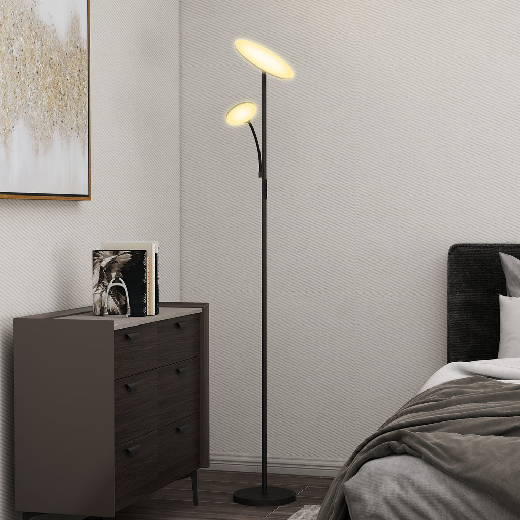 HOMCOM Stehleuchte mit 2 Lichtpunkten in 4 Stufen einstellbar, Temperatur 2700K-6500K und Fernbedienung, Schwarz