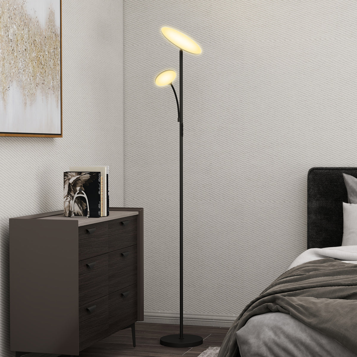 HOMCOM Stehleuchte mit 2 Lichtpunkten in 4 Stufen einstellbar, Temperatur 2700K-6500K und Fernbedienung, Schwarz