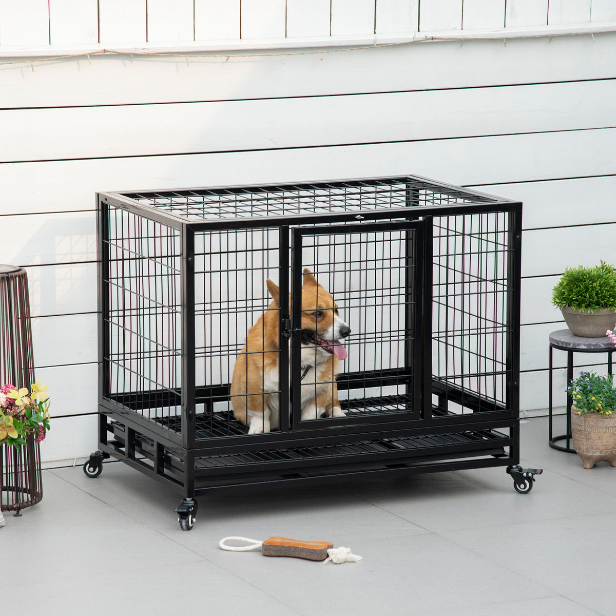 PawHut Käfig für Hunde Tierkäfig Transportkäfig auf Rädern 2 abschließbare Türen herausnehmbares Tablett 92 x 62 x 75 cm schwarz