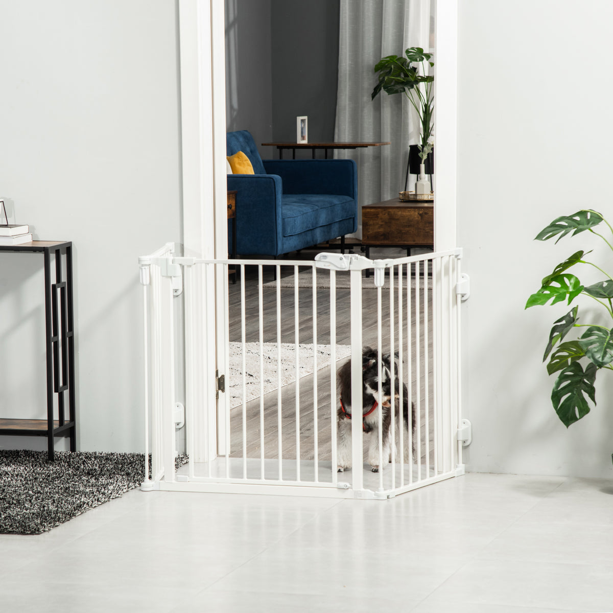 PawHut Hunde Absperrgitter Türschutzgitter Haustierschutzgitter verstellbar klappbar Kamingitter mit automatische schließenden Tür 3 Paneele für Ofen Wandmontage/Freistehend Weiß 202,5 x 76 cm
