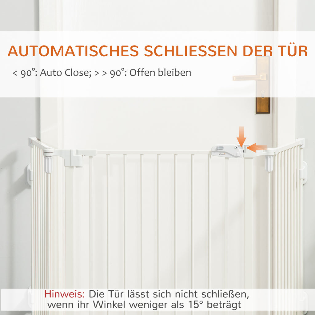 PawHut Hunde Absperrgitter Türschutzgitter Haustierschutzgitter verstellbar klappbar Kamingitter mit automatische schließenden Tür 3 Paneele für Ofen Wandmontage/Freistehend Weiß 202,5 x 76 cm