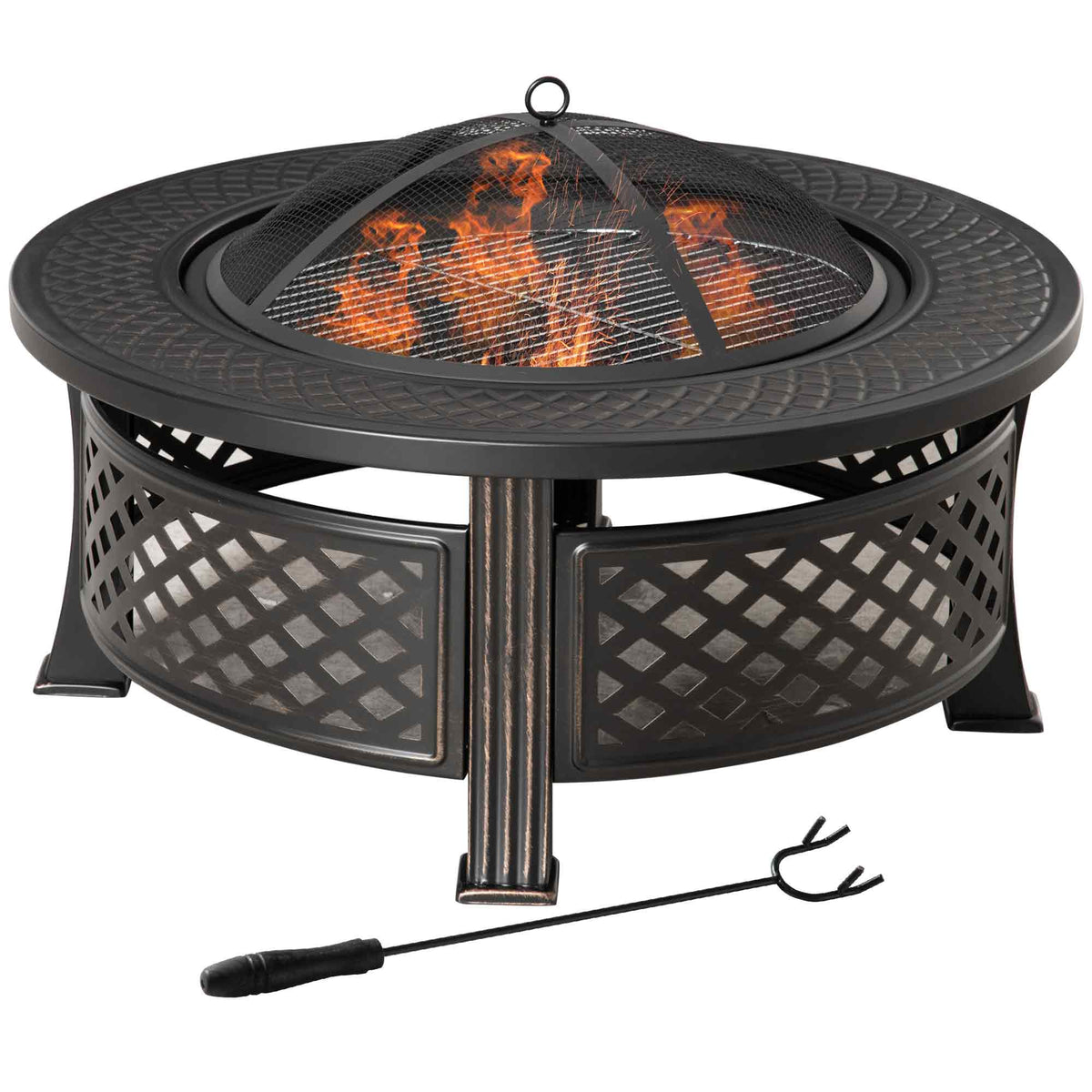 Outsunny Feuerschale mit Schürhaken Funkenschutz Feuerkorb Feuertisch rund Feuerstelle für Garten Camping BBQ Stahl Schwarz 81 x 81 x 50 cm