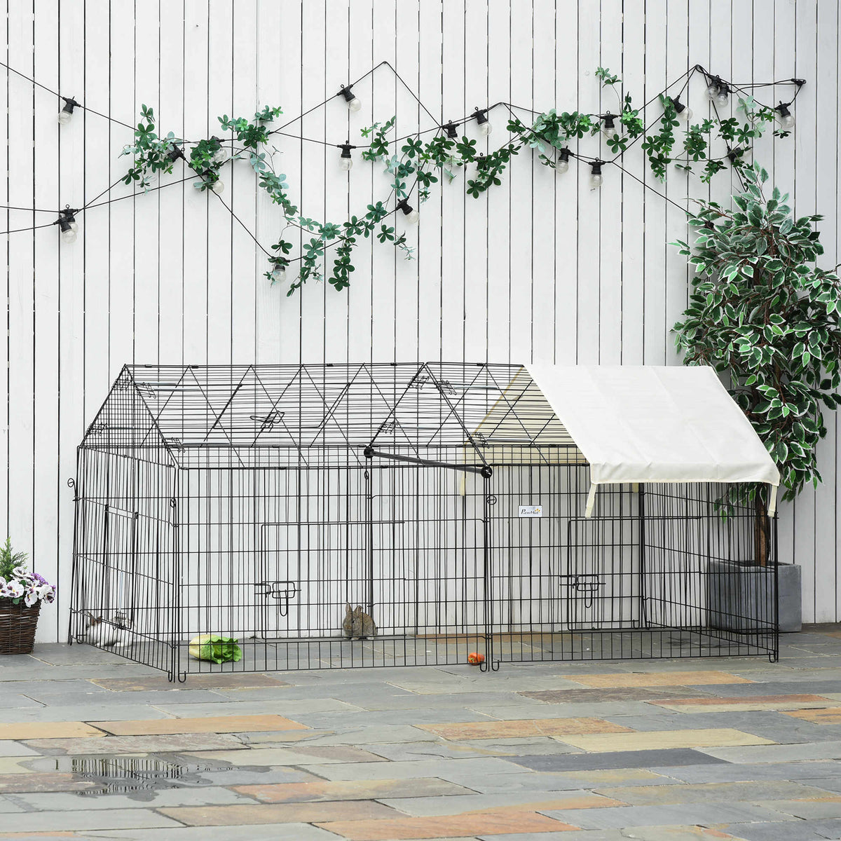 PawHut Laufgitter für Kleintiere, Außengehege, 4 Bodenspieße, 220 cm x 103 cm x 103 cm, Schwarz + Beige