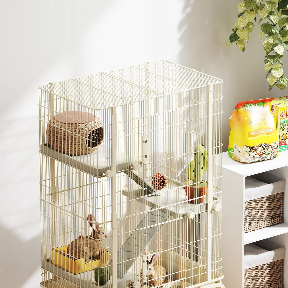 PawHut Kleintierkäfig, Haustierkäfig mit 4 Ebenen, Futterschale, Wasserflasche, 88 x 48 x 150,5 cm, Beige