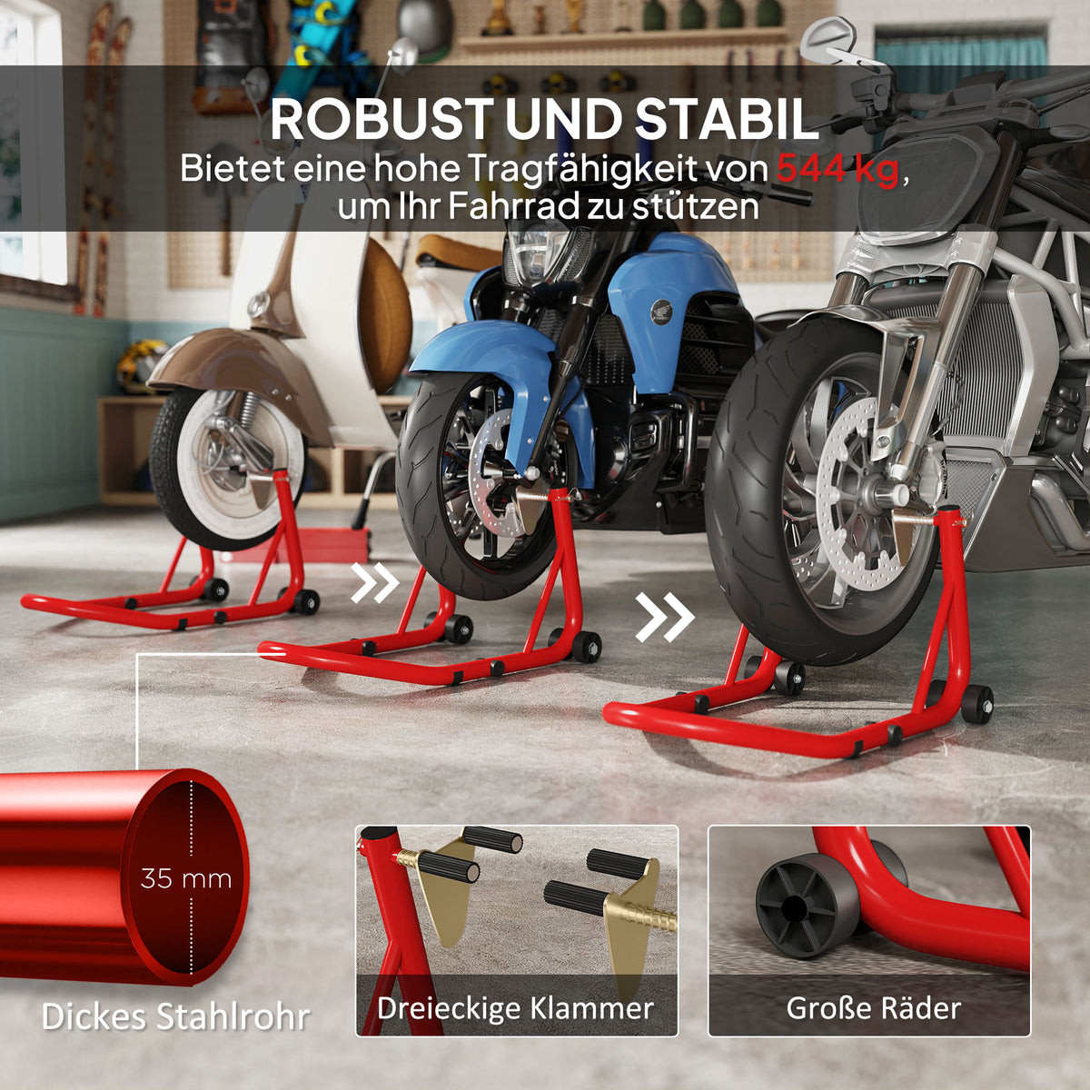 HOMCOM Motorradständer Set vorne/hinten Montageständer Motorradheber bis 544 kg Stahl Rot