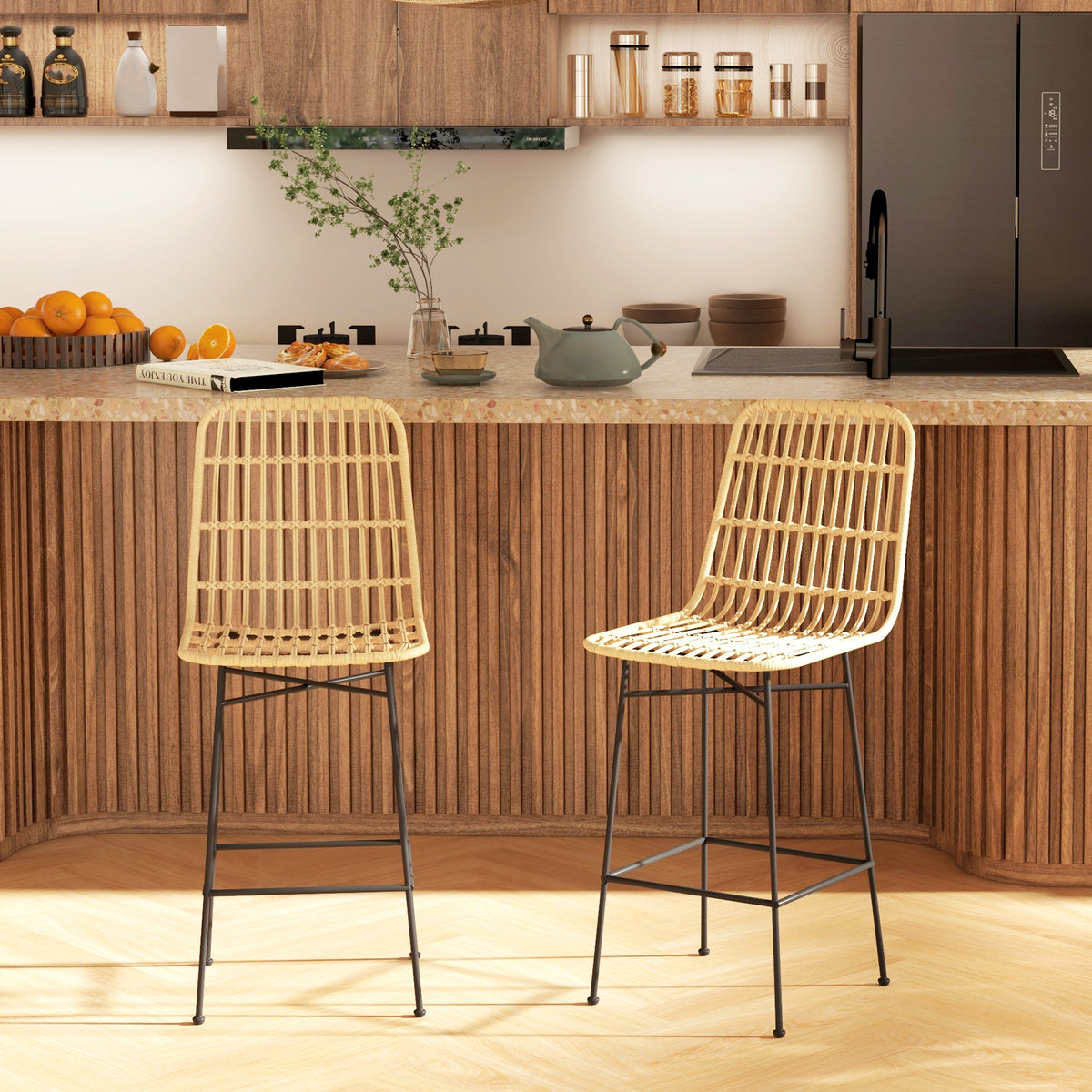 HOMCOM Barhocker Barstuhl, Boho-Stil, PE-Rattan, 45 x 53,5  x 105 cm, Natur + Schwarz