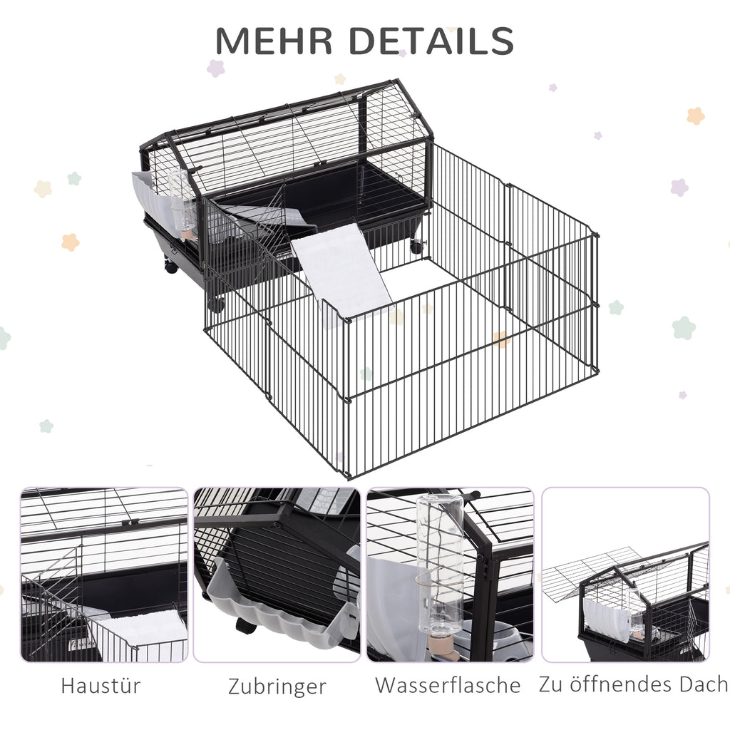 Pawhut Kleintierkäfig mit Freigehege inkl. Zubehör 88 cm x 128,5 cm x 56 cm  4 Rollen Schwarz Metall Polypropylen