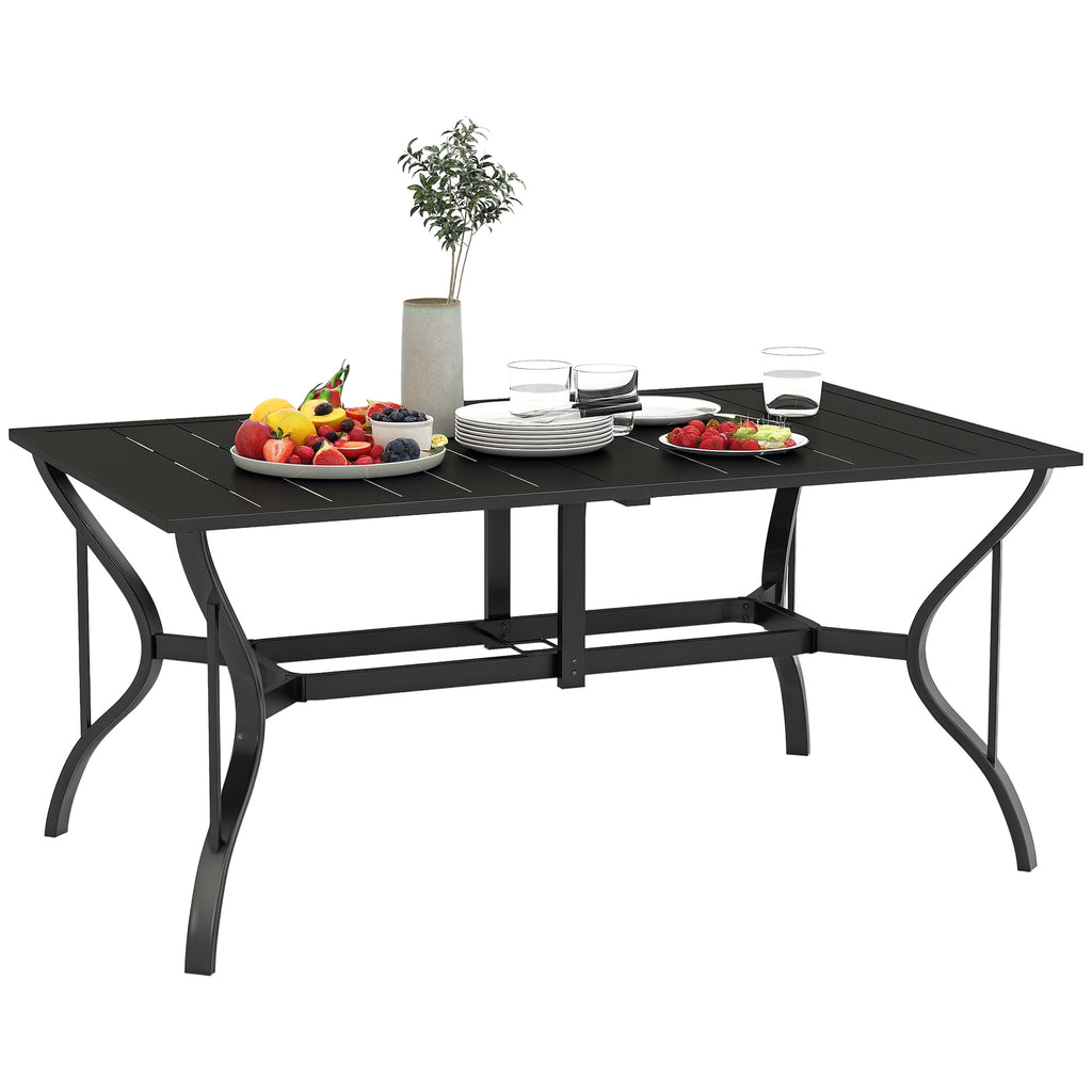 Outsunny Gartentisch Stahl 150x90 cm Wetterfest Balkontisch mit Schirmloch, Lamellen-Design für 6 Personen Schwarz