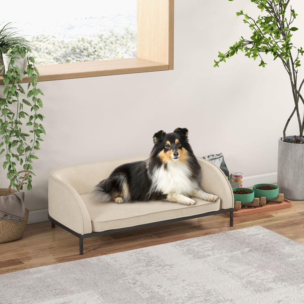 PawHut Hundesofa erhöhtes Bett abnehmbarer Kissenbezug Stahlbeine Samt 101,5 x 62 x 34,5 cm cremeweiß schwarz