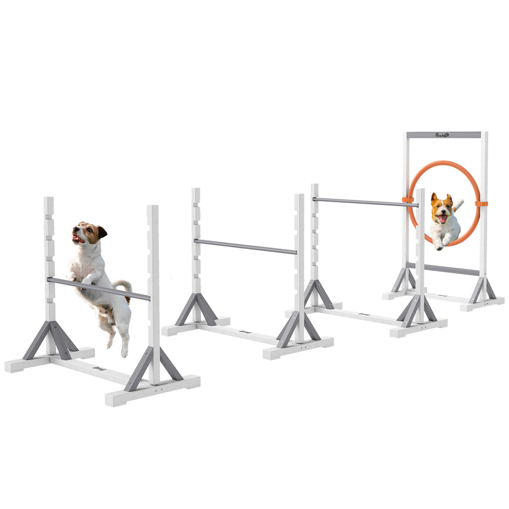 PawHut Agility Set Hunde 4-teiliges Agility-Ausrüstung für Hundetraining mit höhenverstellbar Hürden Reifen Weiß