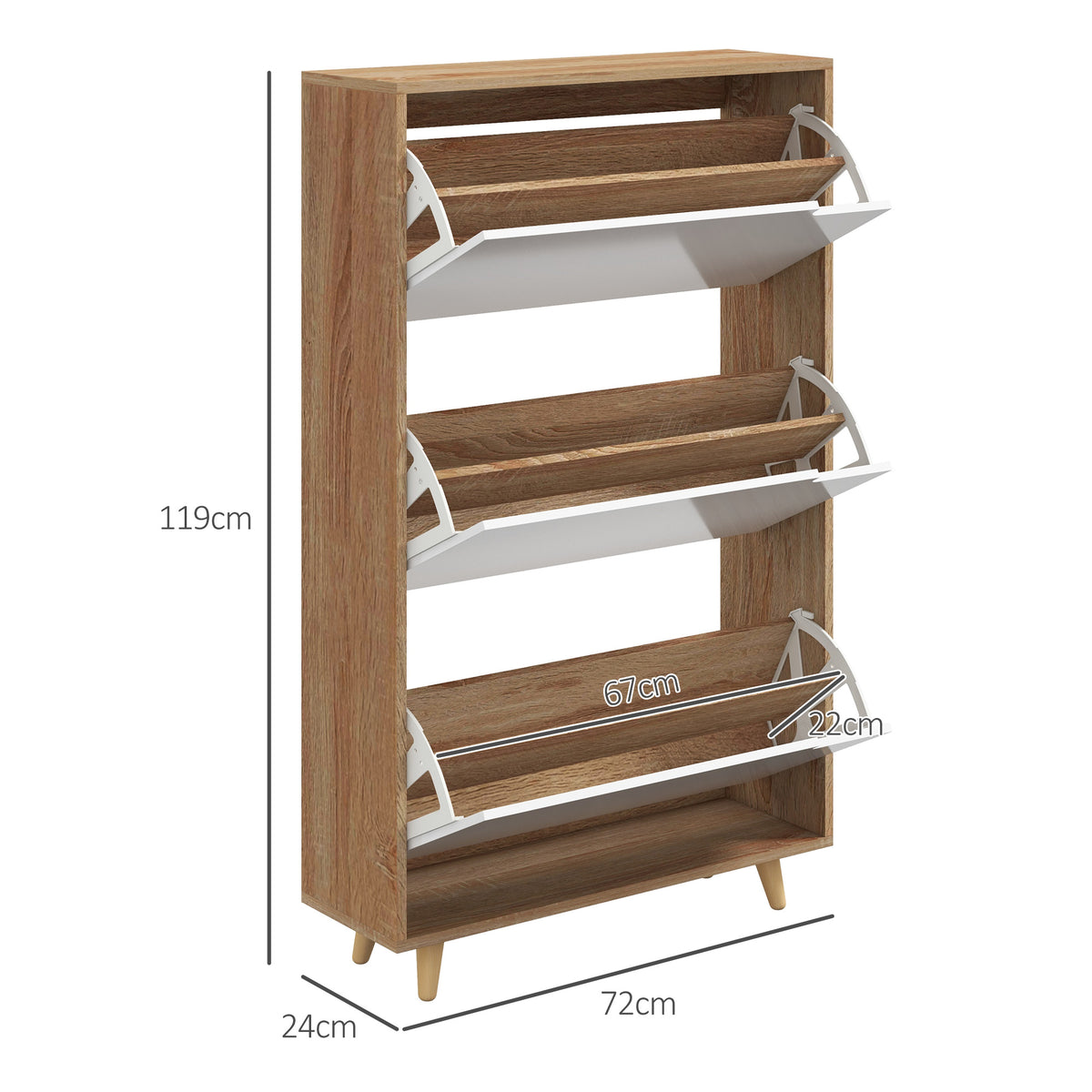 HOMCOM Schuhschrank 3 klappbare Türen mit verstellbarem Regal, 72B x 24T x 119H cm, Natur und Weiß