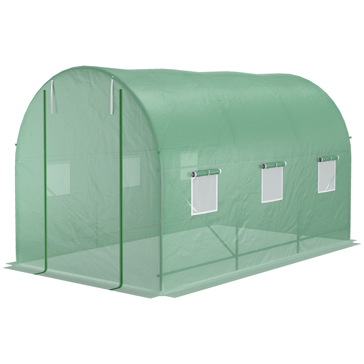 Outsunny Gewächshaus 350x200x200cm Foliengewächshaus Tomatenhaus Tür mit Moskitonetz, Fenster, Folientunnel aus verzinktem Stahl, stabiles Pflanztunnel, Treibhaus inkl. Erdanker Seilen, Grün