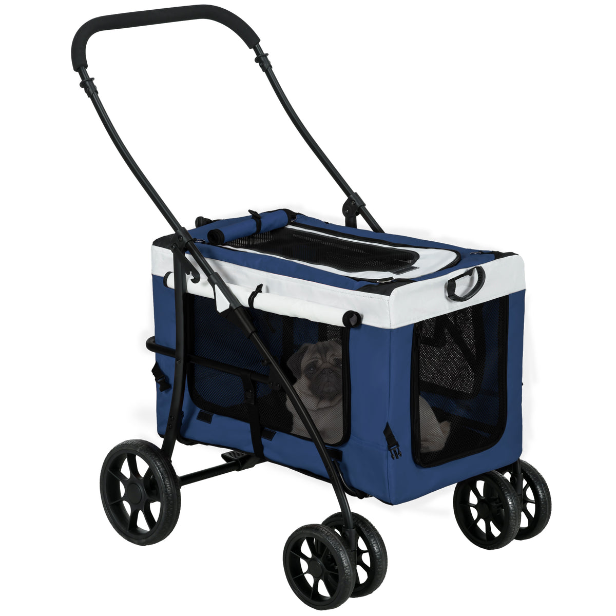 PawHut Hundbuggy Haustierbuggy Haustiertransporter bis 10kg klappbar verstellbare Trageriemen abnehmbarer Korb 81 x 58 x 97,5 cm Schwarz + Blau + Weiß